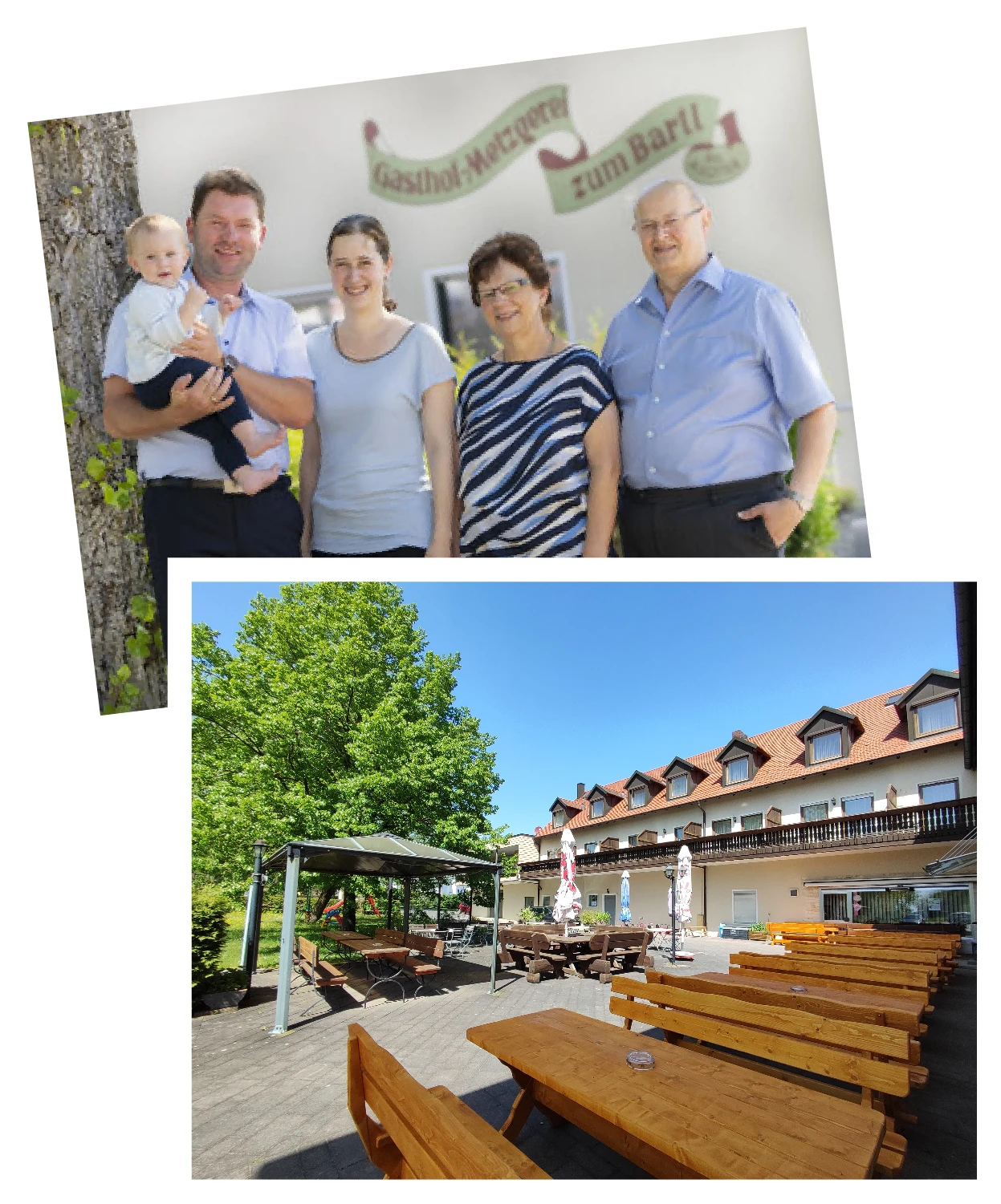 Familie Lotter vor dem Hotel-Gasthof zum Bartl mit Großeltern, Eltern und Kleinkind