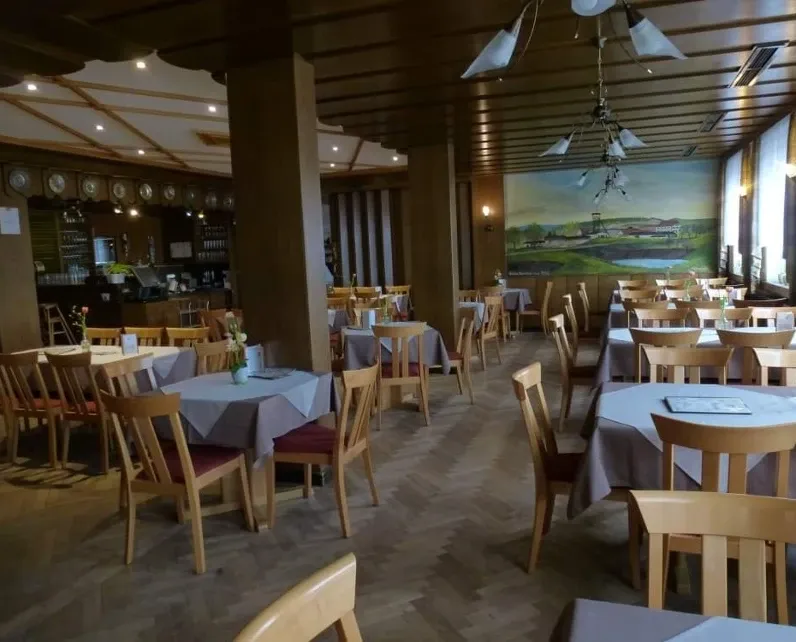Großes Gastzimmer im Alltagsbetrieb mit Tischen, Stühlen und Theke im Hintergrund